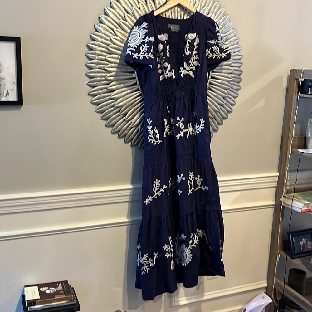 Anthropologie Navy and White Embroidered Dress
